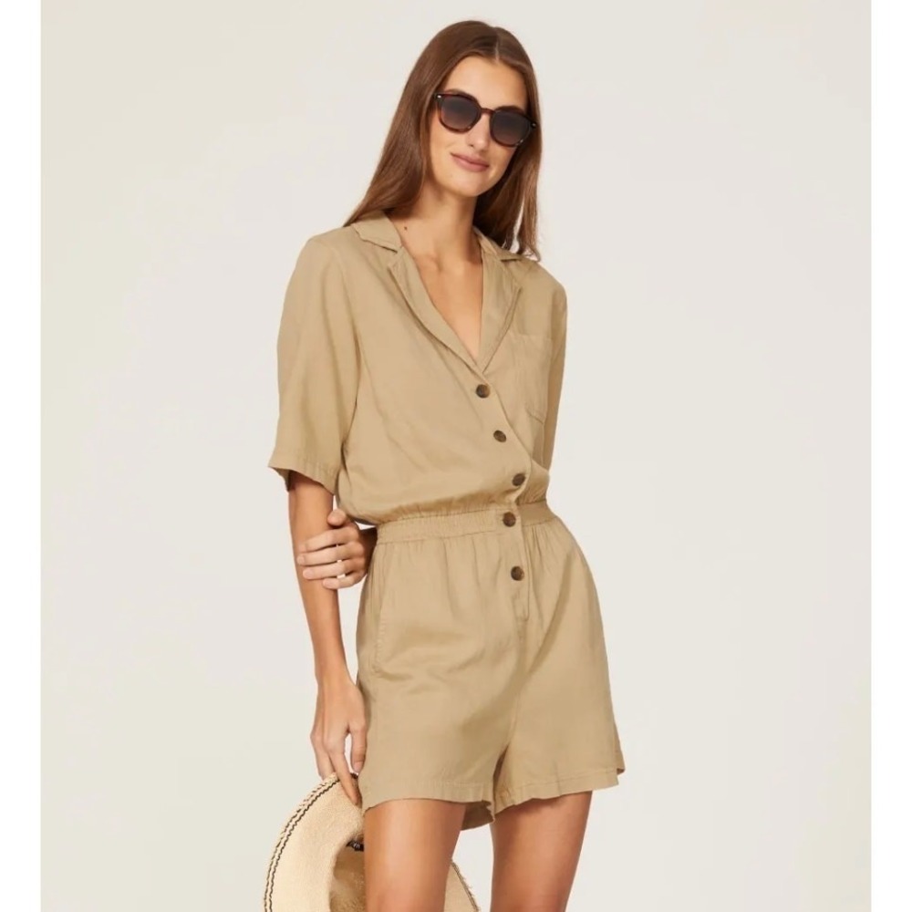 Faherty Romper Women XL Tan Arlie Linen Blend Short Sleeve Utility Linen Blend‎ - Picture 3 of 11